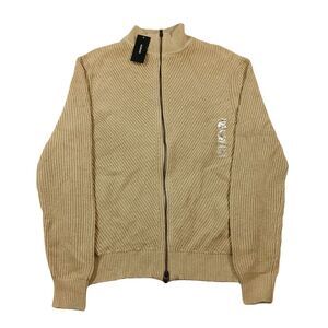 Alfani Heavy Rib‎ Zip-Front Sweater Jacket Mens Small Twill Tan Cotton $70